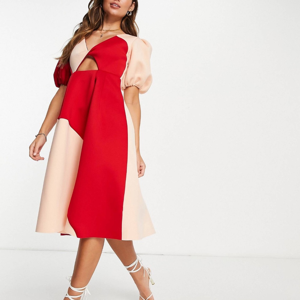 ASOS DESIGN puff sleeve twist plunge cut out midi dress in contrast